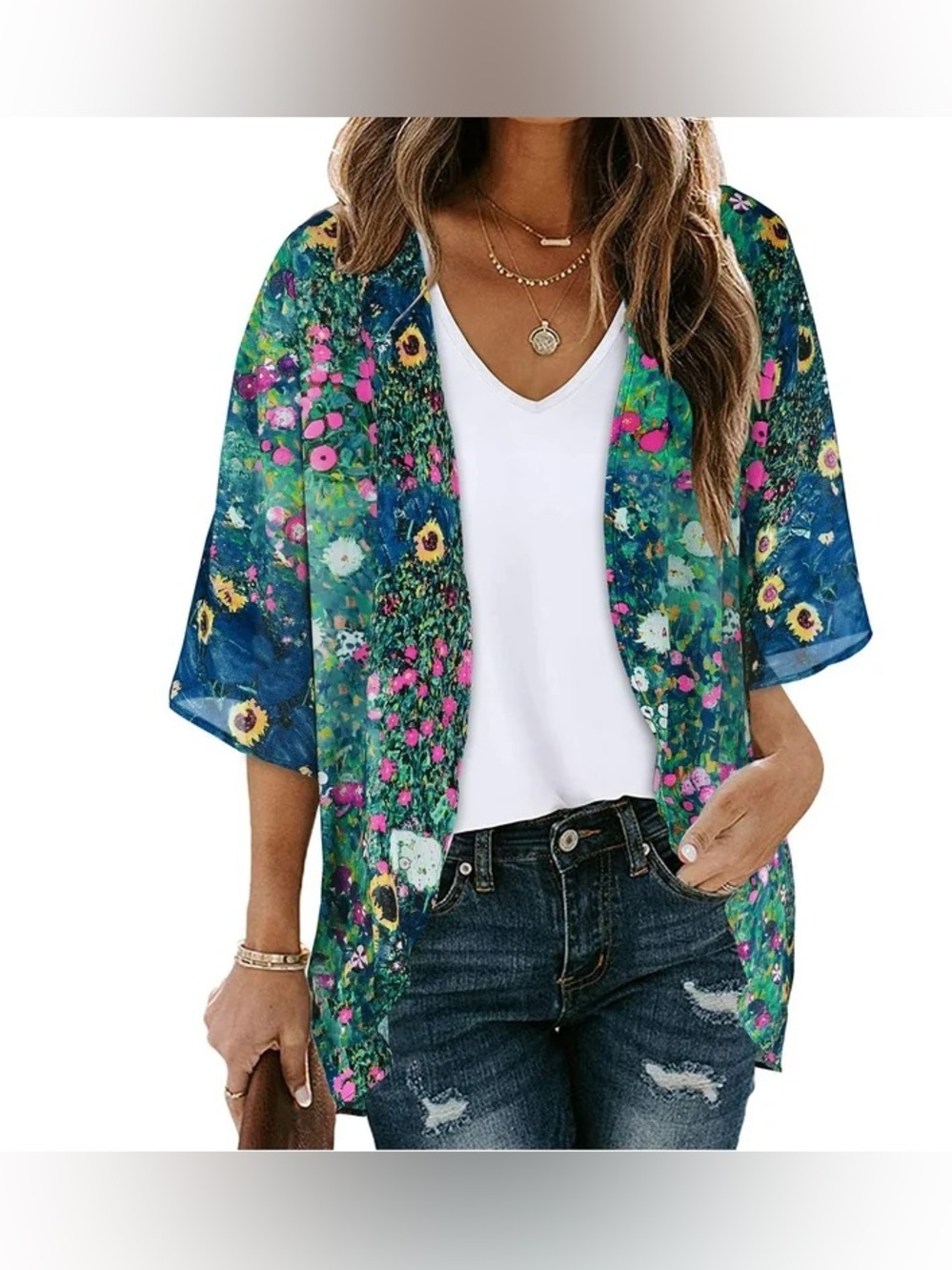 Floral Garden Open-Front Kimono Top - Blue/Green
